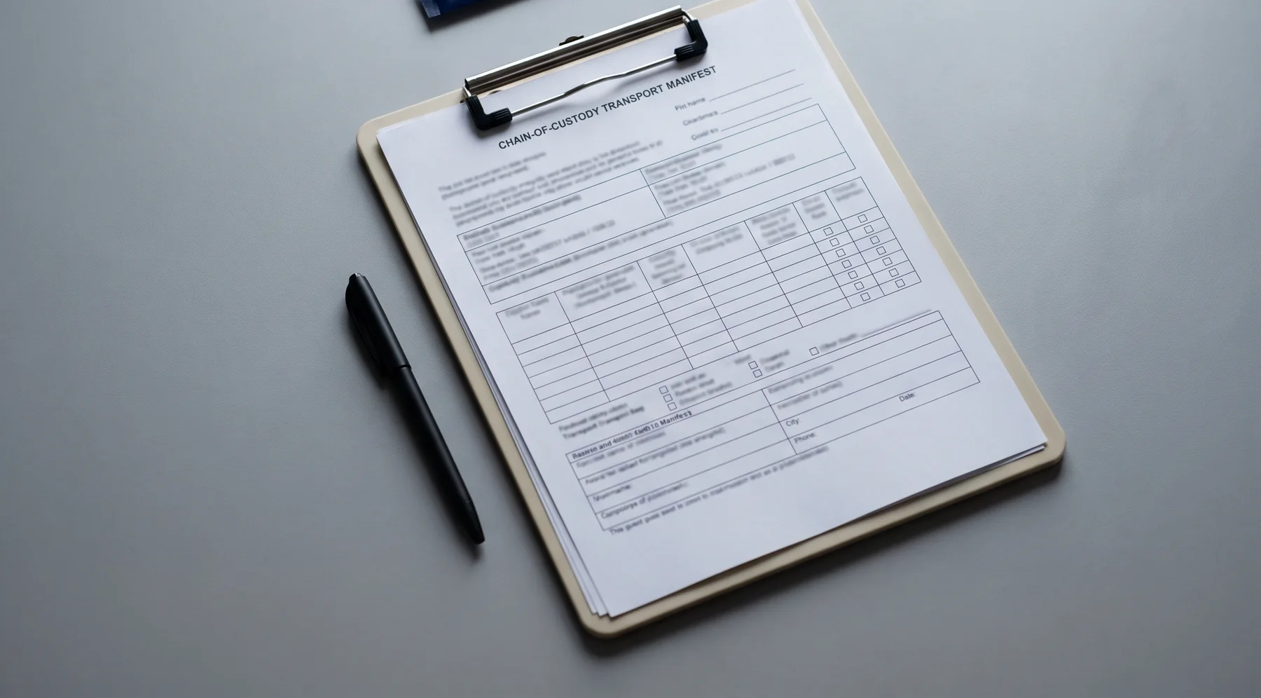 A chain-of-custody transport manifest on a clipboard