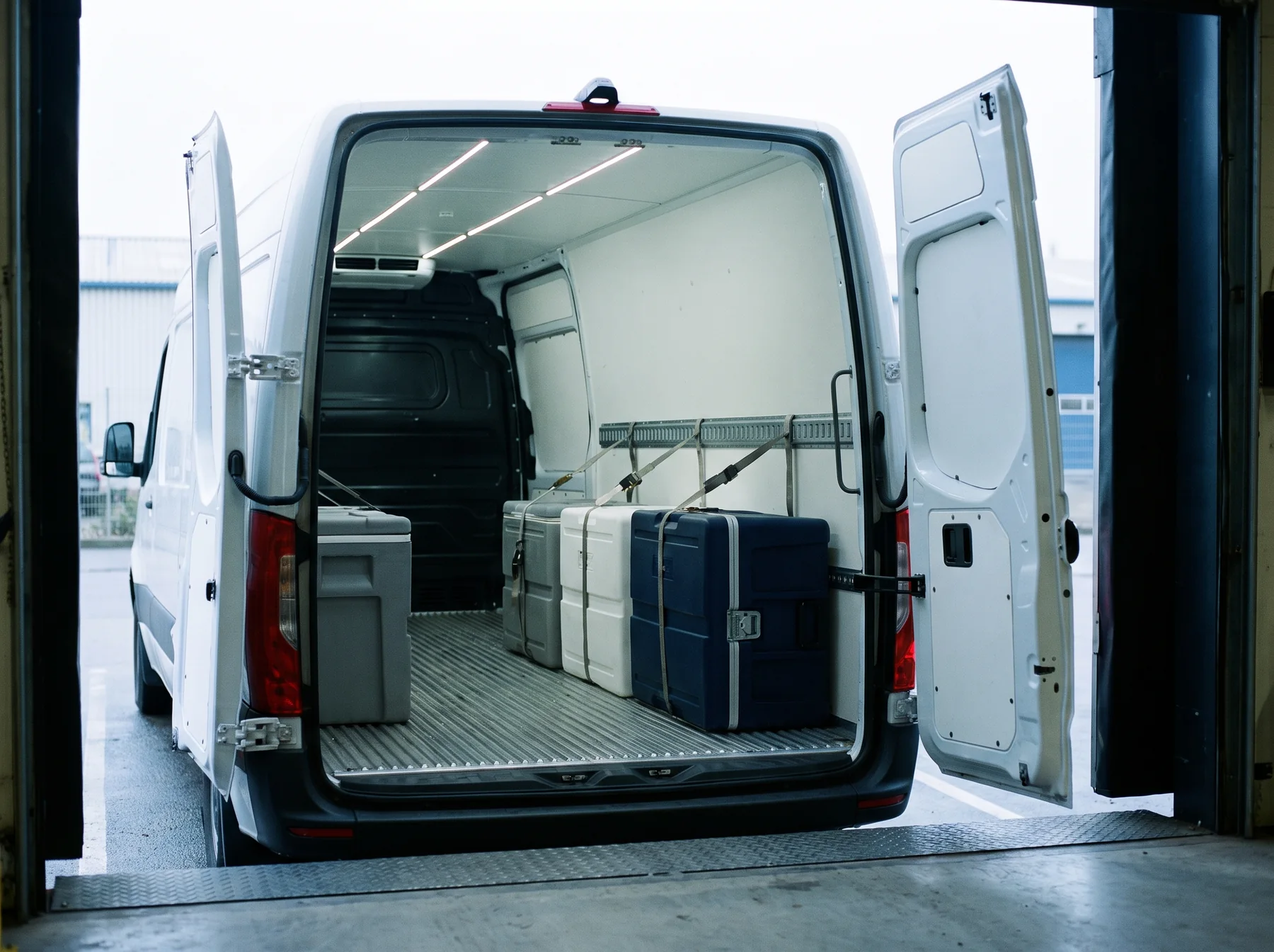 Secured transport containers strapped inside a courier vehicle